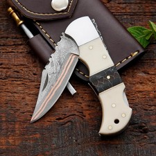 COPPER DAMASCUS Pocket Knife Black Horn Handle Handmade Camping Knife and Sheath picture