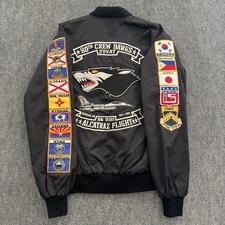 Vintage 80s US Air Force F16 Flight Jacket 80th Crew Dawgs Juvat Wolfpack Tour picture