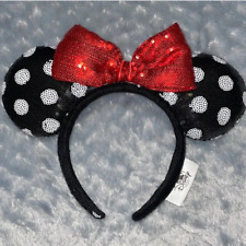 Disney Parks Minnie Mouse Sequined Black White Polka Dot Red Bow Ears Headband picture