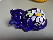 NIB FENTON Signed S. Waters Blue Glass Sleeping Cat Figurine, Floral Painting picture