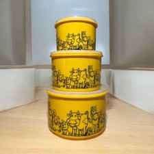 Vtg Ingrid Yellow Plastic 3 Canister With Lid Set - Barnyard Animals picture