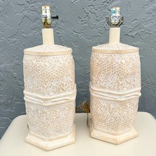 Vintage Boho Chic Ceramic Faux Bamboo and Wicker Table Lamps - A Pair picture