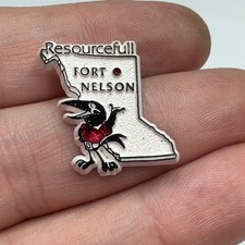 Vintage Fort Nelson Resourcefull Raven Map Enamel Lapel Pin Canada White picture