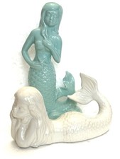 2 Mermaid Figurine (s) Ceramic Coastal White & Mint Green 9x5” & 4x8” picture