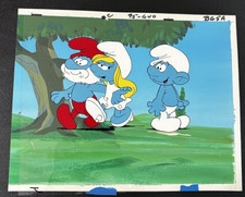 HUGE The Smurfs production cel background 80's cartoons Smurfette Hanna-Barbera picture