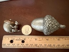 2 vntg Hudson Pewter pieces: large acorn; chipmunk carrying acorn; signed & #'d picture