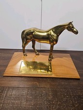 1981 Vintage Brass Horse Ornament on Wooden Base picture