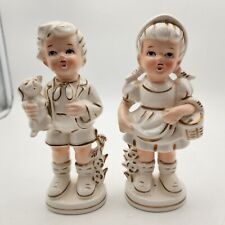 Vintage TII Porcelain Boy with Dog  Girl Basket  Figurines Gold Trim Japan  picture