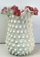 Vtg Fenton Hobnail “Peach Blow” Vase Pink Double-Crimped Ruffled Rim 6