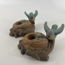 2 Midwest Of Cannon Falls Blue Bird Nest Taper Candle Stick Holders Ceramic Pair picture
