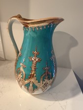 Antique Victorian Turquoise & Gold Gilt Porcelain Pitcher Gothic Revival Decor picture
