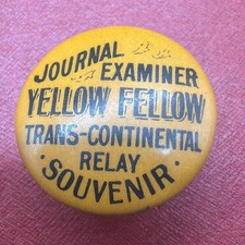 c.1896 JOURNAL EXAMINER YELLOW FELLOW Bicycle Relay Race Lapel Stud Cycling picture
