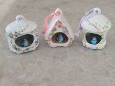 RARE Vintage Schmid Porcelain Birdhouse Ornaments w Blue Bird on Nest Set of 3 picture