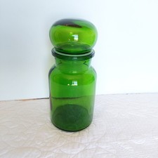 Apothecary Jar Vintage Emerald Green Glass Bubble Top Lid Made in Belgium VGUC picture