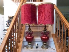 2 VINTAGE 60s 70s ORNATE LARGE Retro Red Table Lamps w/ Prisms & SHAG Shades picture