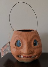 Bethany Lowe NEW Vtg Folk Art Pumpkin Jack O Lantern Candy Bucket 5 1/2