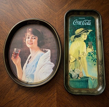 Set 2 Vintage 1970s Coca Cola Metal Trays 1916 Elaine 1925 Top Hat Girl Replica picture
