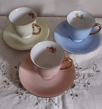 Vintage Puls Germany/Czech Cups and Saucers Gold Trim & Handles Set of 3 Pastel picture