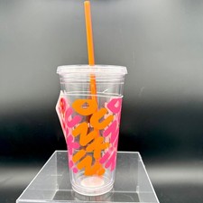 DUNKIN' 24 oz ICONIC ACRYLIC TUMBLER & STRAW Pink Orange Clear Cold Cup BPA-free picture
