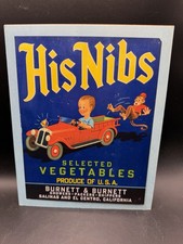 Vintage His Nibs Vegetable Crate Label Print Boy Fire Truck Monkey  picture