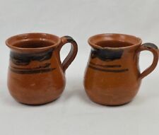 Vintage Handmade Authentic Mexican Terra Cotta Cups Mugs Hand Painted Set Of 2 picture