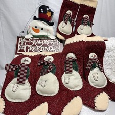 7pc Lot Vintage Farmhouse Christmas Stockings Set 6 Snowman Applique Burgundy picture