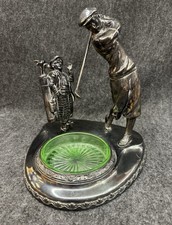 Antique Silver Plate Golf Golfer Boy Caddie Large Decor Dish Ashtray Green Glass picture