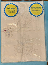 Vintage Belcrest Embroidered Pillowcases Pair NOS White Floral Percale Standard picture