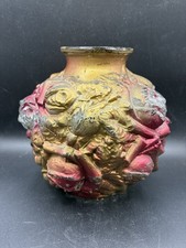 Antique Goofus Glass Vase Puffy Rose Carnival Prize 1900s Gold Red picture