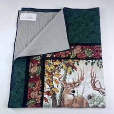 Vintage 50x57 Deer Fall Wildlife Design Warm Blanket Green Fabric Quilt Outdoors picture