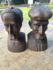 Vintage Hand Carved Wooden Wood Sculpture Busts Old Man & Woman Mid Century Art picture