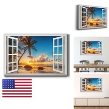 Renditions Gallery Window View of Pair of Palm Trees at Beach Blue Sky Canvas picture