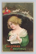 Vintage 1911 Ellen Clapsaddle Christmas Girl Santa Reindeer Embossed Postcard picture