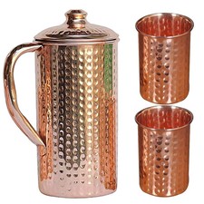 100%Pure Copper Hammered Water Jug Pitcher Pot With 2 Glass For Health Benefits picture