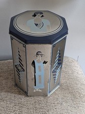 Vintage Art Deco Style Hexagonal Metal Tin Flapper Girl Container Blue Silver picture