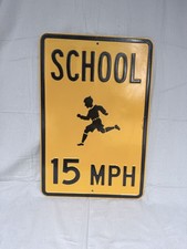Vintage NOS SCHOOL 15 MPH Embossed Steel Sign Running Boy 30x20 Unmounted picture