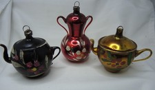 Lot of 3 Antique German Coffee Teapot Mercury Glass Painted Christmas Ornaments picture