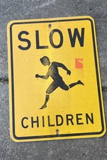 Vintage Yellow Slow Children Playing Street Sign Metal Steel Retired Sign picture