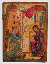 Antique 17th C. Dated & Signed Russian Byzantine Icon Annunciation Wood COA picture
