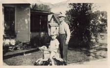 VTG Photo 1924 Randolph Iowa Handsome Older Man & Grandson Playing Toy Horse picture