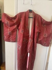 Japanese Kimono Silk Dark Red/Orange Blue Threds Handmade Vintage picture
