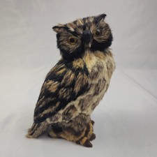 Faux Real Fur Owl Figurine Glass Eyes Horned Owl Bird Statue 7 Inches Vtg picture