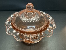 Pink Depression Candy Dish With Lid Open Lattice Rim  5”h picture