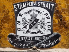VINTAGE STAMPER & STRAIT PORCELAIN SIGN OLD HATTERS HAT FURNISHER TROY NEW YORK picture