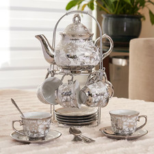 Tea Set 20 Piece Teapot 3 oz Cups Saucers Stainless Steel Spoons Rack Multi Gold picture