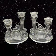 Jeannette Glass Two Light Two Tier Cut Glass Clear Candle Stick Holder Set VTG picture