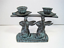 Vintage Bronze With Verdigris 2 Rabbits Candlestick Holders 6. 5