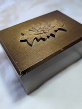 Vintage Wooden Music Box Carved Floral Lid Cuendet Switzerland “Love Story” picture