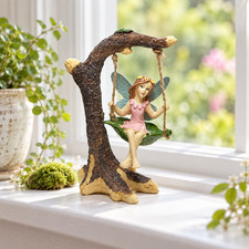 Fairy Girl on Tree Swing Figurine Pink Dress Miniature Garden Fantasy Decor 5