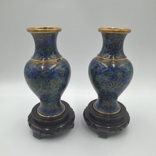 Pair of Vintage Chinese Cloisonné Blue Floral Vases with Wooden Stands picture